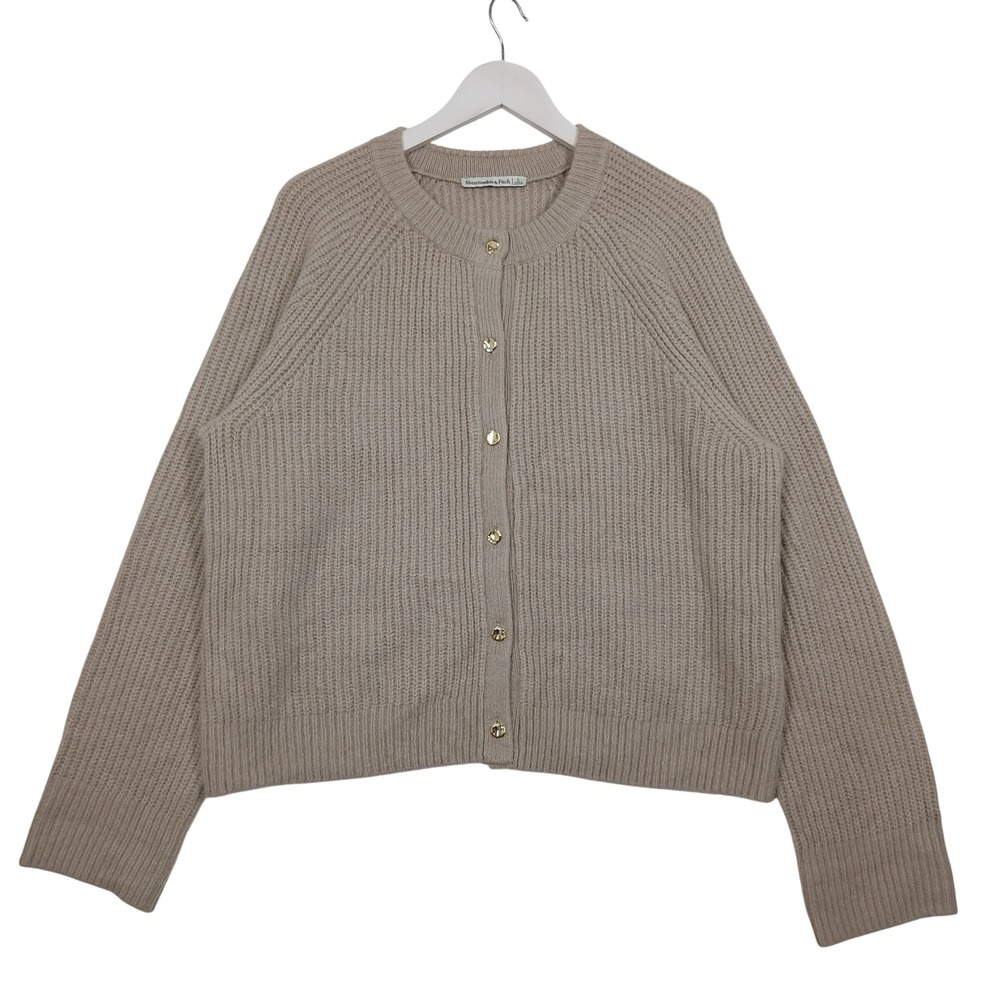 Abercrombie & Fitch Ribbed Crewneck Cardigan Gold Hammered Buttons Oatmeal Large